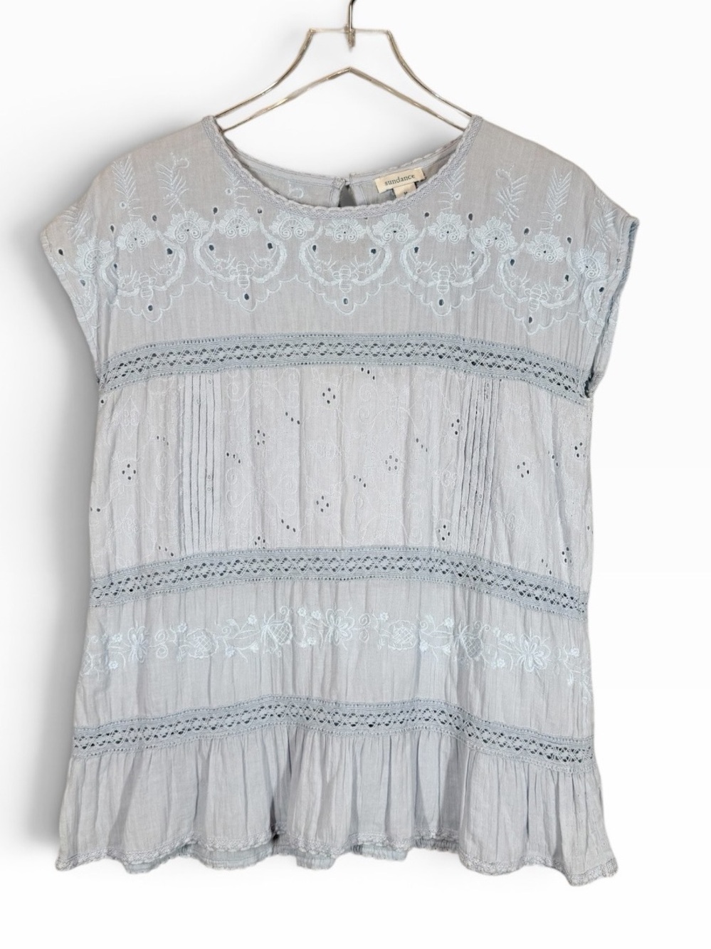 SUNDANCE Women's Medium Light Blue Short Sleeve Cotton Embroidered Lace Blouse